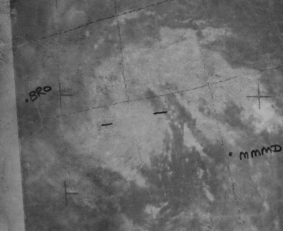A marked satellite image of Hurricane Ella over the Atlantic Ocean in 1970